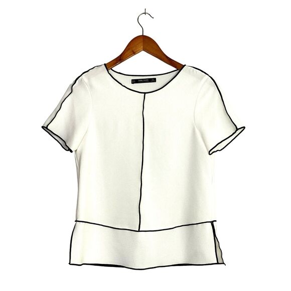 Zara Short Sleeve Trim Contrast Blouse Side Slits Lightweight XS White Black - Picture 3 of 14